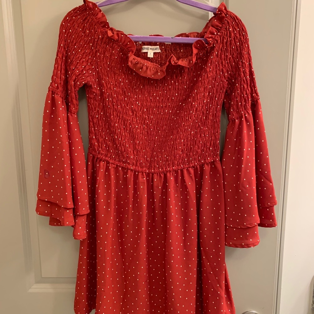 Red polka dot off the shoulder dress